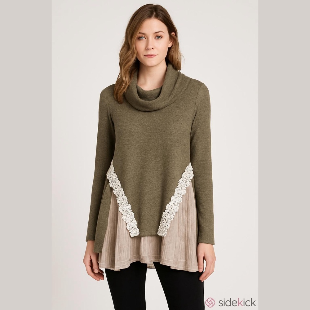 Anthropologie Ryu Cowl Neck Sweater Tunic with Lace Detail bohemian boho chic